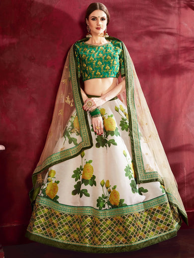 Cream-Green Floral Print Banglori Silk Bridal Lehenga Choli With Beige Dupatta